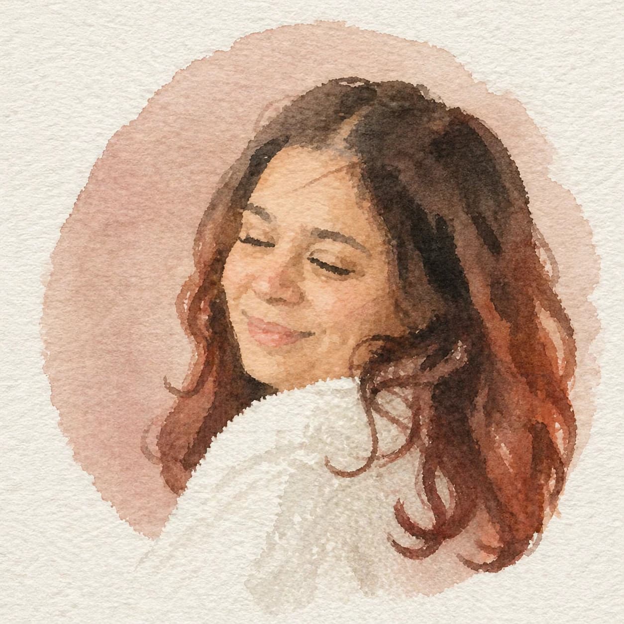 Watercolour portrait of Khushi with her eyes closed and a small smile, long wavy auburn-brown hair falling over a white jumper, on a soft rose wash.