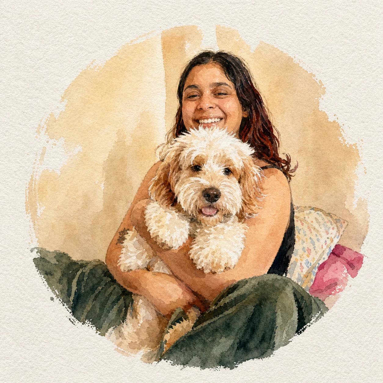 Watercolour of Khushi laughing on a bed, hugging a fluffy cream-and-apricot dog to her chest.